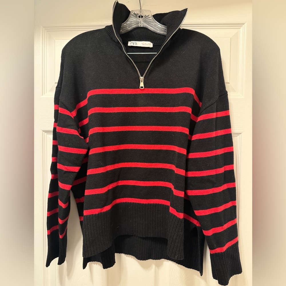ZARA Knit Breton Stripe Zip Pullover Sweater